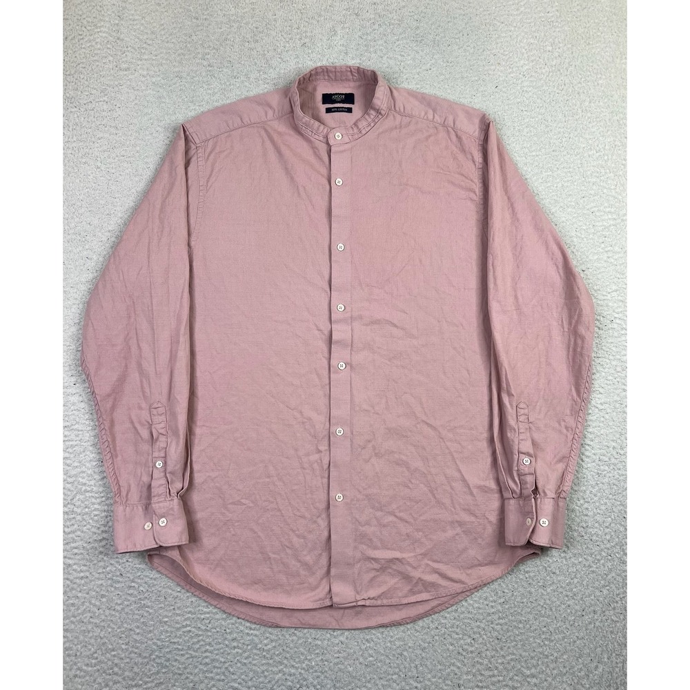 Ascot Shirt Mens Large Pink 100% Cotton Band Collar Long Sleeve Button Up Casual
